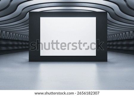 Empty futuristic interior with wave ceiling and blank vertical canvas on black frame, modern showroom concept for presentation or display. 3D Rendering