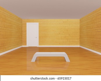Empty gallery with bench and closed door