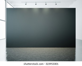 Empty gallery interior with black canvas. 3d render