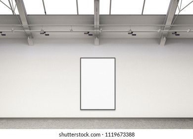 Empty gallery interior with blank vertical exhibition banner mockup with clipping path around blank poster. 3d Illustration