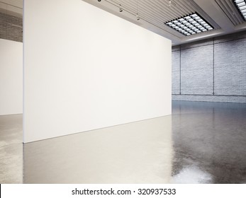 Empty Gallery Interior With White Canvas And Bricks. 3d Render