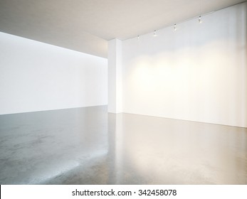 Empty Gallery Interior With White Canvas And Concrete Floor. 3d Render