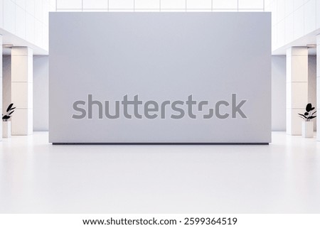 Empty gallery with large blank wall in modern interior, white floor, and bright lighting. Perfect for exhibition, branding, or presentation. 3D Rendering