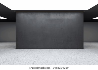 An empty gallery space with a textured black wall and terrazzo flooring under soft lighting, concept of a contemporary exhibition room. 3D Rendering