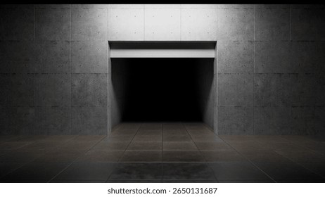Empty garage featuring an open door leading into a shadowy interior, illuminated by spotlights that enhance the mysterious and suspenseful atmosphere within the space