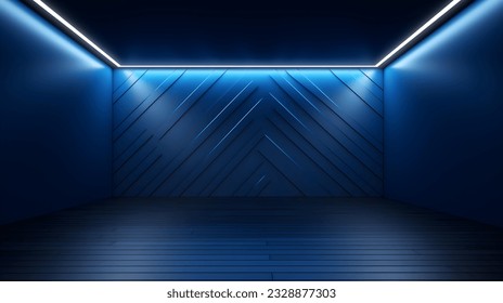 Empty geometrical Room in Medium Blue Colors with beautiful Lighting. Futuristic Background for Product Presentation.