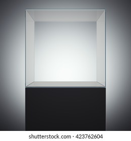 Empty Glass Cube On Black Podium. 3d Rendering