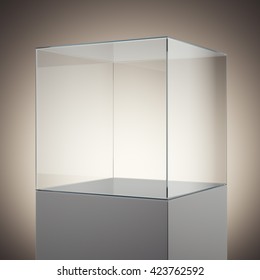 Empty Glass Cube On White Podium. 3d Rendering