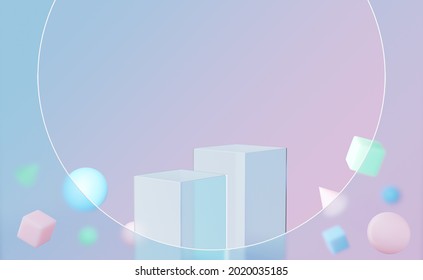 Empty Glass Cube Podium On Translucent Circle Arch With Cone, Green Blue Pink Background. Abstract Geometric. Pedestal Pastel Minimal Showcase Mockup. Stage For Display Of Product Design. 3d Render.