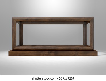 An Empty Glass Display Case With A Wooden Base And Frame On An Isolated Studio Background - 3D Rendering