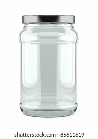 Empty Glass Jar With Aluminum Lid Over White Background