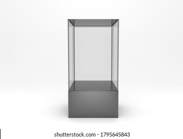 Empty Glass Showcase Front View 3d Rendering Illustration. Blank Presentation Mock Up Podium. Transparent Clear Exhibition Case Template. Glass Box Vitrine For Gallery Or Store.