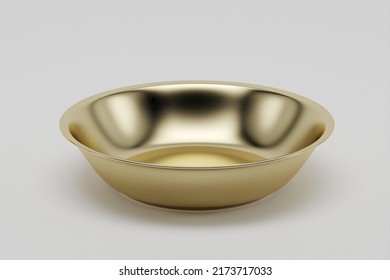 Empty Gold Flat Bowl On White Background Isolated 3D Render. 