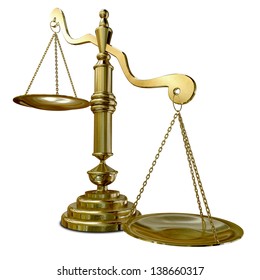 An empty gold justice scale with one side outweighing the the other on an isolated background