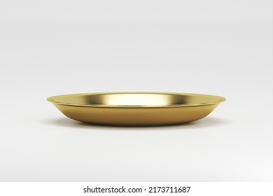 Empty Gold Plate On White Background- Clean Side View 3D Render Of Restaurant Plate