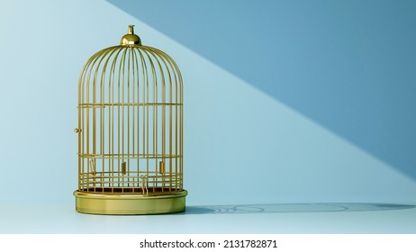 Empty Golden Bird Cage With Beam Of Light. 3d Rendering