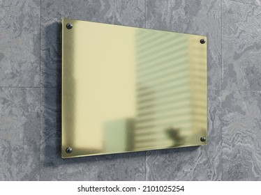 Empty Golden Sign Plate On Wall Mockup. Template Of A Gold Business Signboard On Marble Texture. 3D Rendering