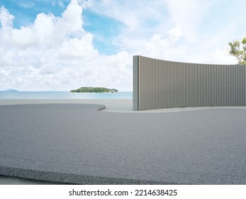 Empty Gray Concrete Floor In Sea View City Park. 3d Rendering Of Outdoor Stage With Beach And Blue Sky Background.