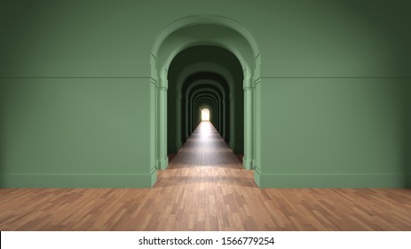Empty green architectural interior with infinite arch doors, endless corridor of doorway, walkaway, labyrinth. Move forward, opportunities, business, future, concept with copy space, 3d illustration