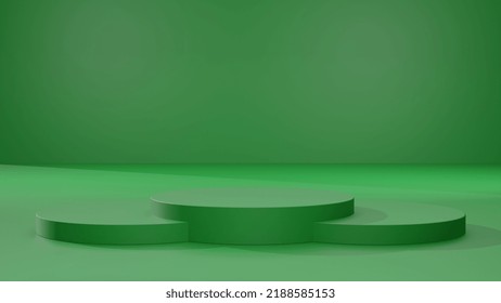 Empty Green Background Podium With Soft Light Mood Artistic Product Display Front View 3 Circular Steps 3d Rendering Bright Mood For Summer Spring Natural Products Display Stand Minimal