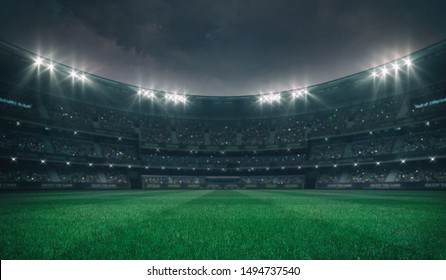 Empty green grass field and alight outdoor stadium with fans, front playground view, grassy field sport building 3D professional background illustration