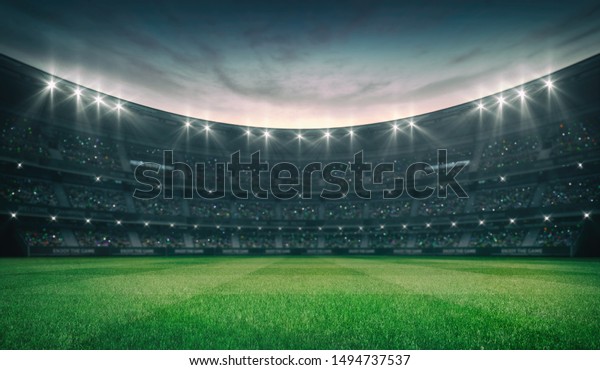 Empty green grass field and illuminated\
outdoor stadium with fans, front field view, grassy field sport\
building 3D professional background\
illustration