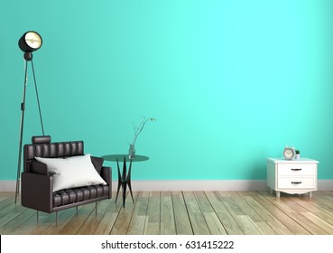 Empty green mint wall and wooden floor - modern room with pillow on sofa and lamp table and cabinet. 3D rendering - Powered by Shutterstock