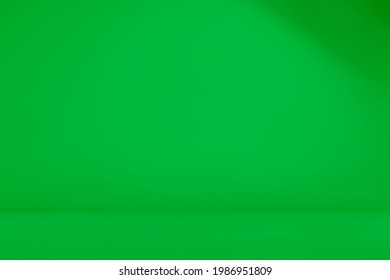 Empty green room. Seamless chroma key, green screen videography backdrop. Infinity curve, cyc wall, cyclorama. 