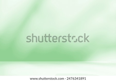 Empty green room studio with sunlight effect shadow of leaves. Minimal background for product presentation. Summer spring backdrop. Cosmetic and beauty products display room.