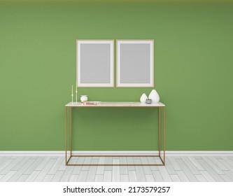 Empty Green Wall Interior 3d Illustration Graphic Template With Two Empty Photo Frames On The Front Wall For Multiple Uses, Empty 3d Rendering High Resolution Image