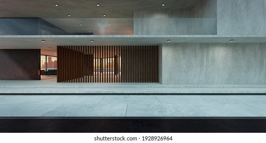Empty ground with steel pavement in front of modern buildings. Photorealistic 3D rendering.