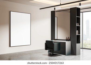 Empty hair salon interior with a blank poster on the wall, modern furniture, and large windows, concept of layout and display. 3D Rendering - Powered by Shutterstock