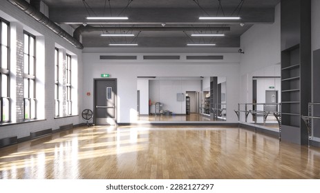 Empty hall. Dance studio with a mirrors and big windows. 3d illustration - Powered by Shutterstock