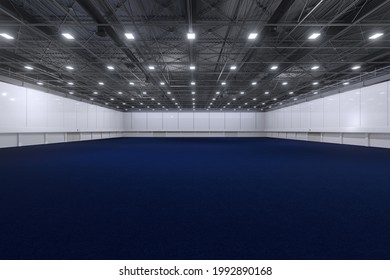 Empty hall exhibition center.Backdrop for exhibition stands,booth elements. Conversation center for conference.Big Arena for entertainment,concert,event. Indoor stadium sport.blue carpet.3d render. - Powered by Shutterstock