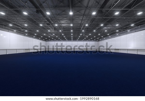 Empty hall exhibition center.Backdrop for\
exhibition stands,booth elements. Conversation center for\
conference.Big Arena for entertainment,concert,event. Indoor\
stadium sport.blue carpet.3d\
render.