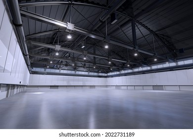 Empty hall exhibition centre. The backdrop for exhibition stands, booth elements.Conversation centre for the conference.Big Arena for entertainment,concert, event. Indoor stadium for sports.3d render.
