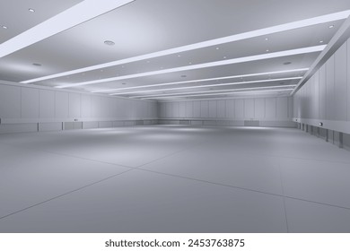 Empty hall exhibition centre.The backdrop for exhibition stands, booth,market,trade show.Conversation for activity,meeting.Arena for entertainment,event,sports.Indoor  for Factory,showroom.3d render.