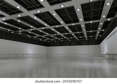 Empty hall exhibition centre.The backdrop for exhibition stands, booth,market,trade show.Conversation for activity,meeting.Arena for entertainment,event,sports.Indoor  for Factory,showroom.3d render.