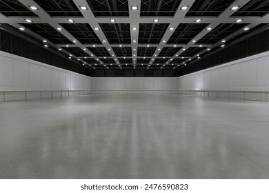 Empty hall exhibition centre.The backdrop for exhibition stands, booth,market,trade show.Conversation for activity,meeting.Arena for entertainment,event,sports.Indoor  for Factory,showroom.3d render.
