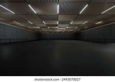 Empty hall exhibition centre.The backdrop for exhibition stand, booth,gallery,trade show.Conversation for activity,meeting.Arena for entertainment,event,sports.Indoor  Stadium,art museum.3d render.