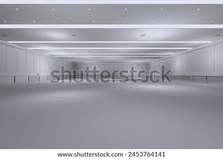 Empty hall exhibition centre.The backdrop for exhibition stands, booth,market,trade show.Conversation for activity,meeting.Arena for entertainment,event,sports.Indoor  for Factory,showroom.3d render.