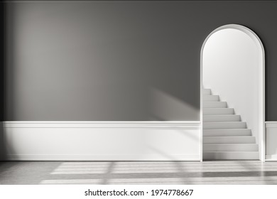 Empty Hall Interior In Apartment With Grey Floor And Staircase With Arch Door. Mockup Blank Copy Space Wall, 3D Rendering, No People