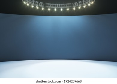 Empty Hall Room With Dark Blank Wall, White Floor And Led Light On Top. Mockup. 3D Rendering