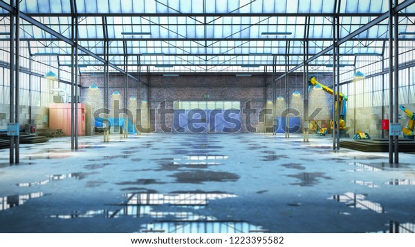 empty Hangar\
industrial warehouse 3d render\
image
