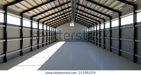 Empty hangar\
for storage of equipment, 3d\
render