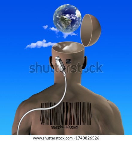 Empty head man with barcode and USB socket. 3D rendering