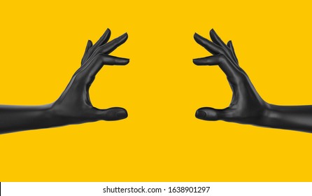 Empty Holding Food Like A Burger Black Two Hand Gesture Concept. Hand Measuring Isolated On Yellow. 3d Rendering.