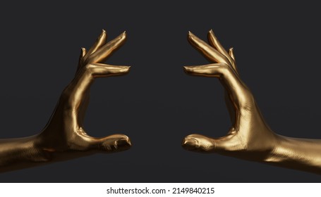 Empty holding food like a burger golden two hand gesture concept. hand measuring isolated on black. 3d rendering.