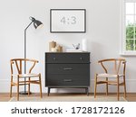 Empty horizontal frame 4:3 on white wall in scandinavian interior with wood floor, black dresser, biege rug, two armchairs, lamp and decor. 3d rendering.