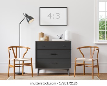 Empty horizontal frame 4:3 on white wall in scandinavian interior with wood floor, black dresser, biege rug, two armchairs, lamp and decor. 3d rendering.